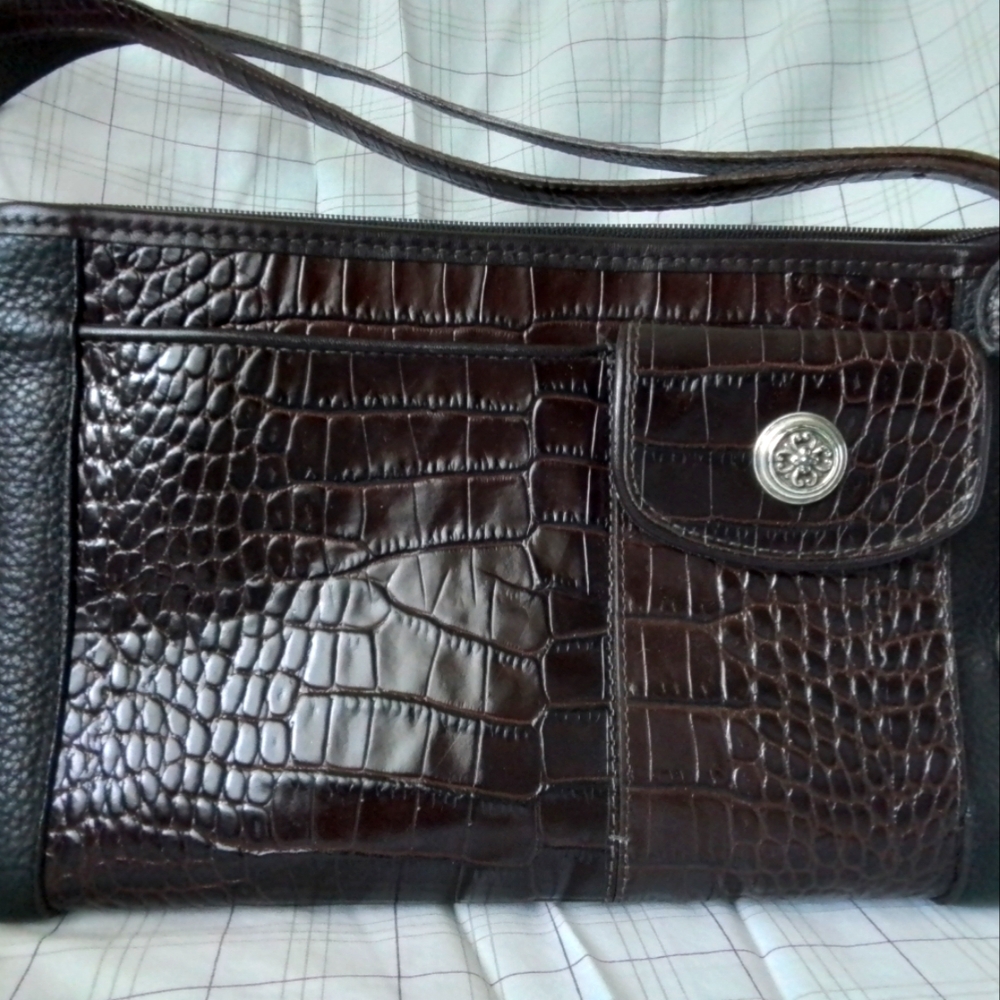 Brighton Vintage Black Pebble Brown Croc Leather Shoulder Bag